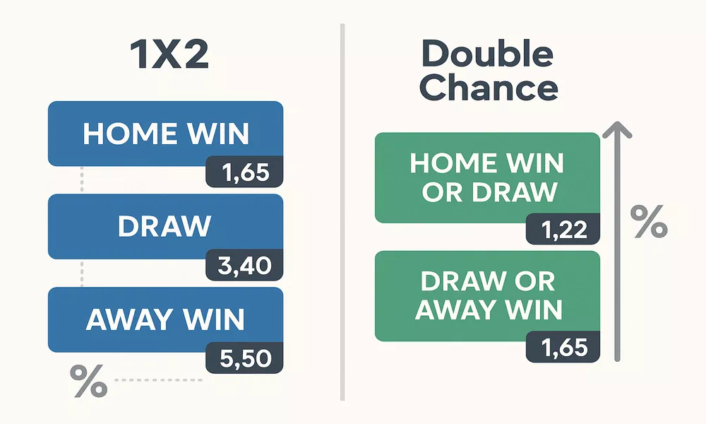 Infographic comparing 1X2 and Double Chance betting market structures with odds and probabilities