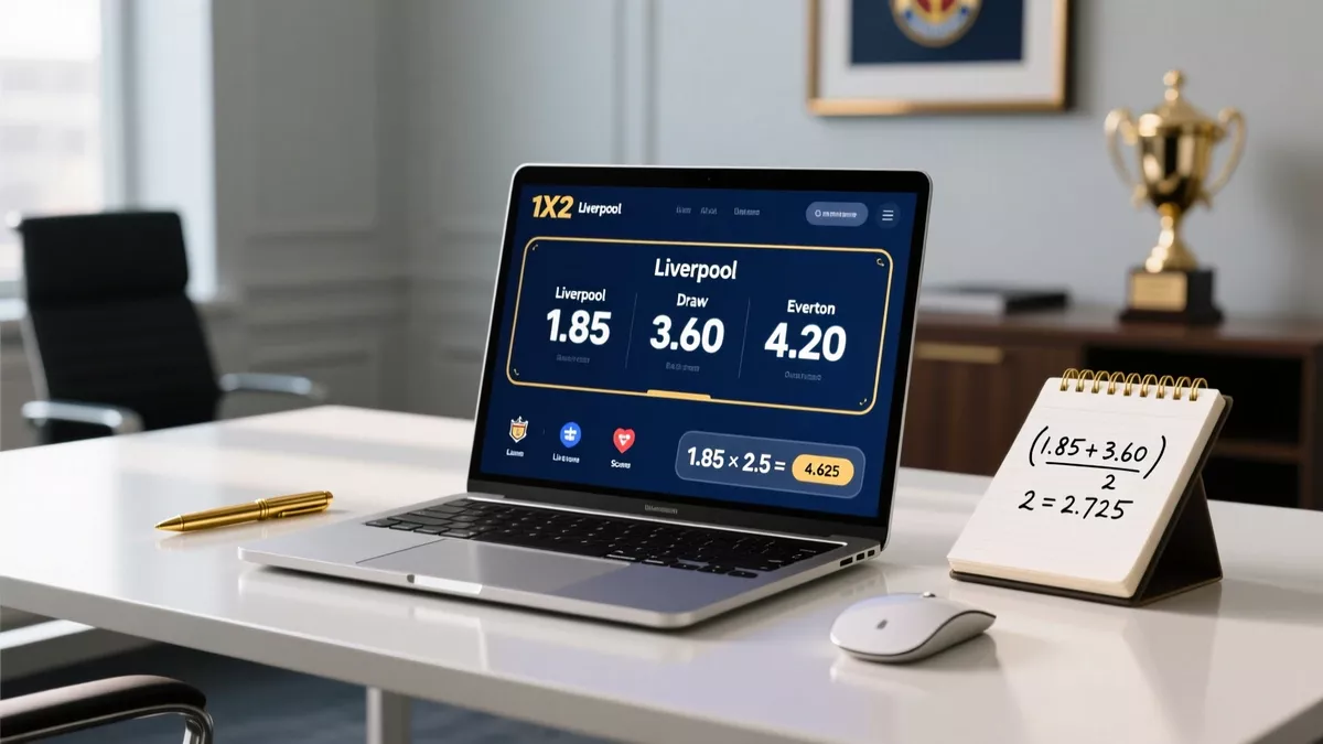 Professional betting workspace showing 1X2 odds calculator with Liverpool, Draw, and Everton odds displayed on laptop screen