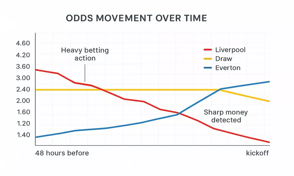 Line graph showing betting odds movement over 48 hours with Liverpool odds dropping, Draw odds stable, and Everton odds rising before kickoff