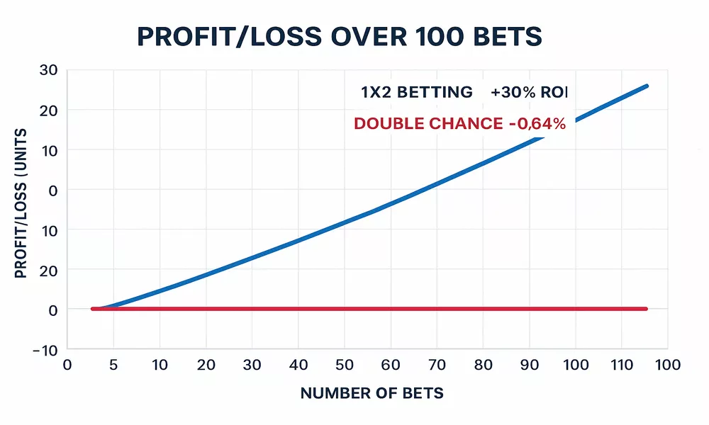 Profitability chart comparing 1X2 and Double Chance betting performance over 100 bets