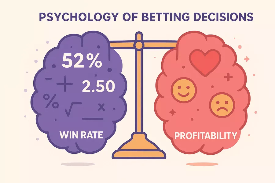 Conceptual illustration of betting psychology comparing emotional win rate versus logical profitability