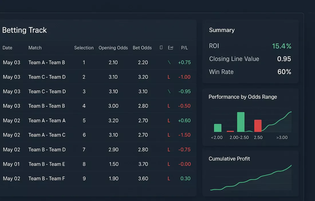 Professional betting tracking dashboard showing spreadsheet with date, match, odds, results, and profit/loss columns with performance statistics