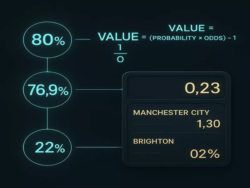 Expected value calculation showing probability percentages and betting odds comparison for Manchester City versus Brighton match