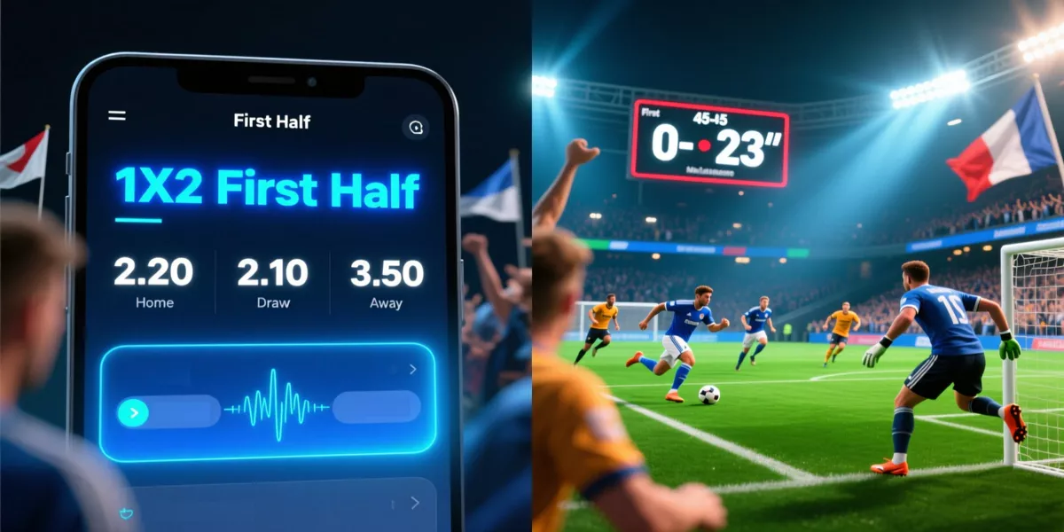 First Half 1X2 Betting Guide - Football match with betting interface showing first half markets and odds