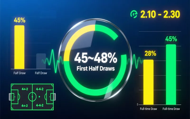 Data visualization dashboard displaying first half draw statistics showing 45-48% occurrence rate with odds analysis and tactical formations