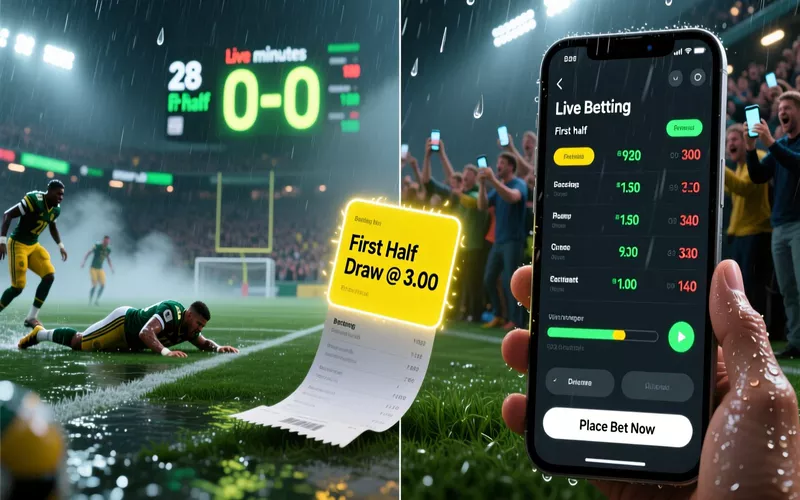 Live betting scenario showing football match at 28 minutes with mobile betting interface displaying changing first half odds in rainy conditions