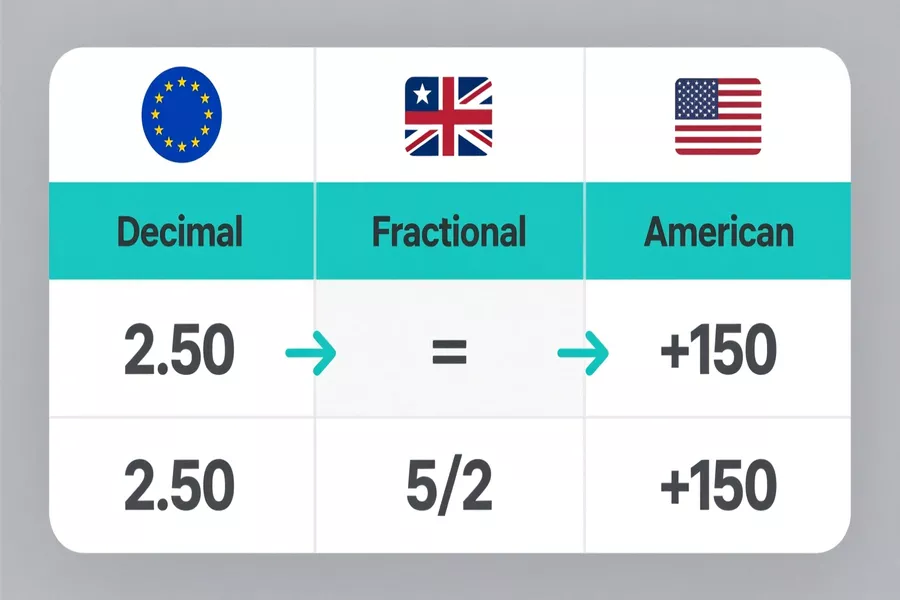 Comparison guide showing decimal odds 2.50, fractional odds 5/2, and American odds +150 with conversion formulas