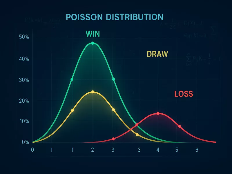 Poisson distribution statistical model showing probability curves for football match outcomes including win, draw, and loss percentages