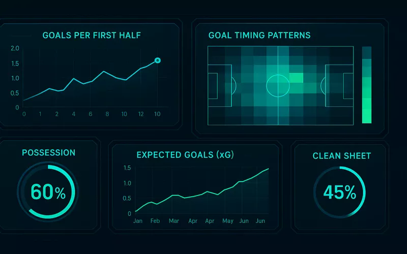 Comprehensive analytics dashboard showing first half betting metrics including goals per match, xG data, possession statistics and clean sheet percentages